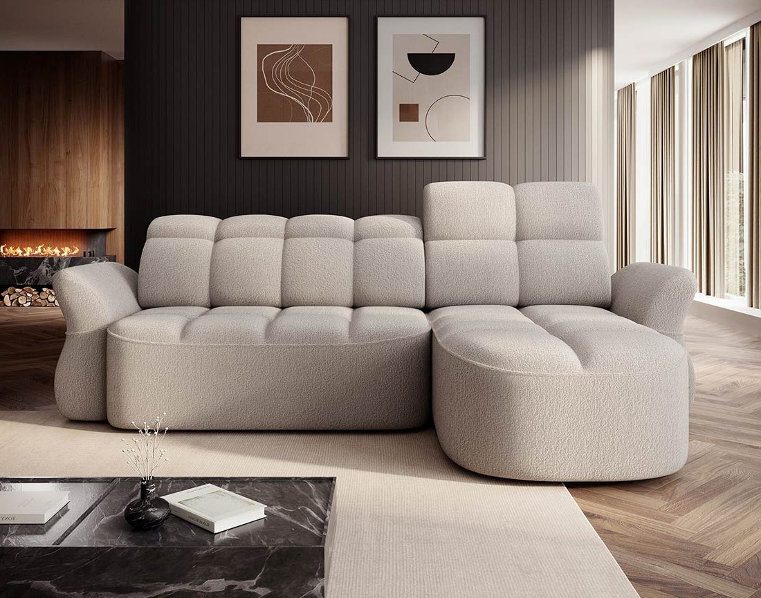 Canapé d'angle droit 4 places convertible électrique avec coffre et têtières réglables en tissu bouclette Brume