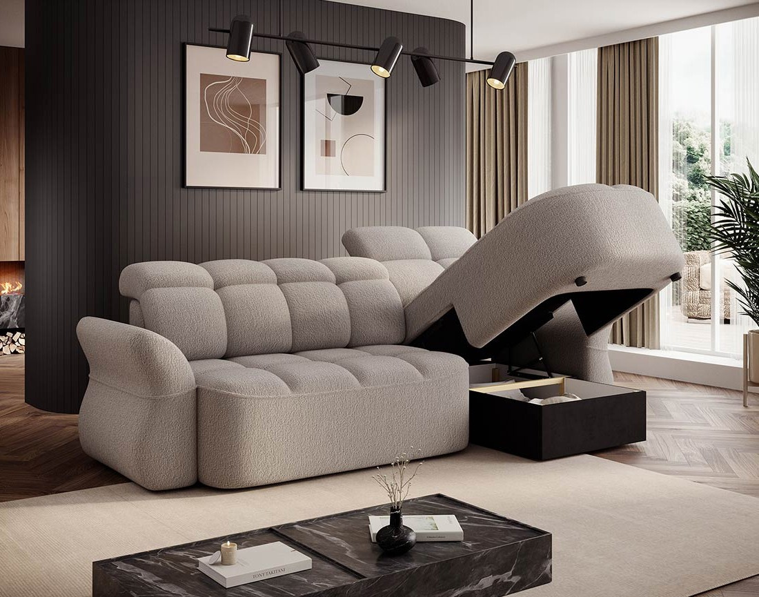 Canapé d'angle droit 4 places convertible électrique avec coffre et têtières réglables en tissu bouclette Brume