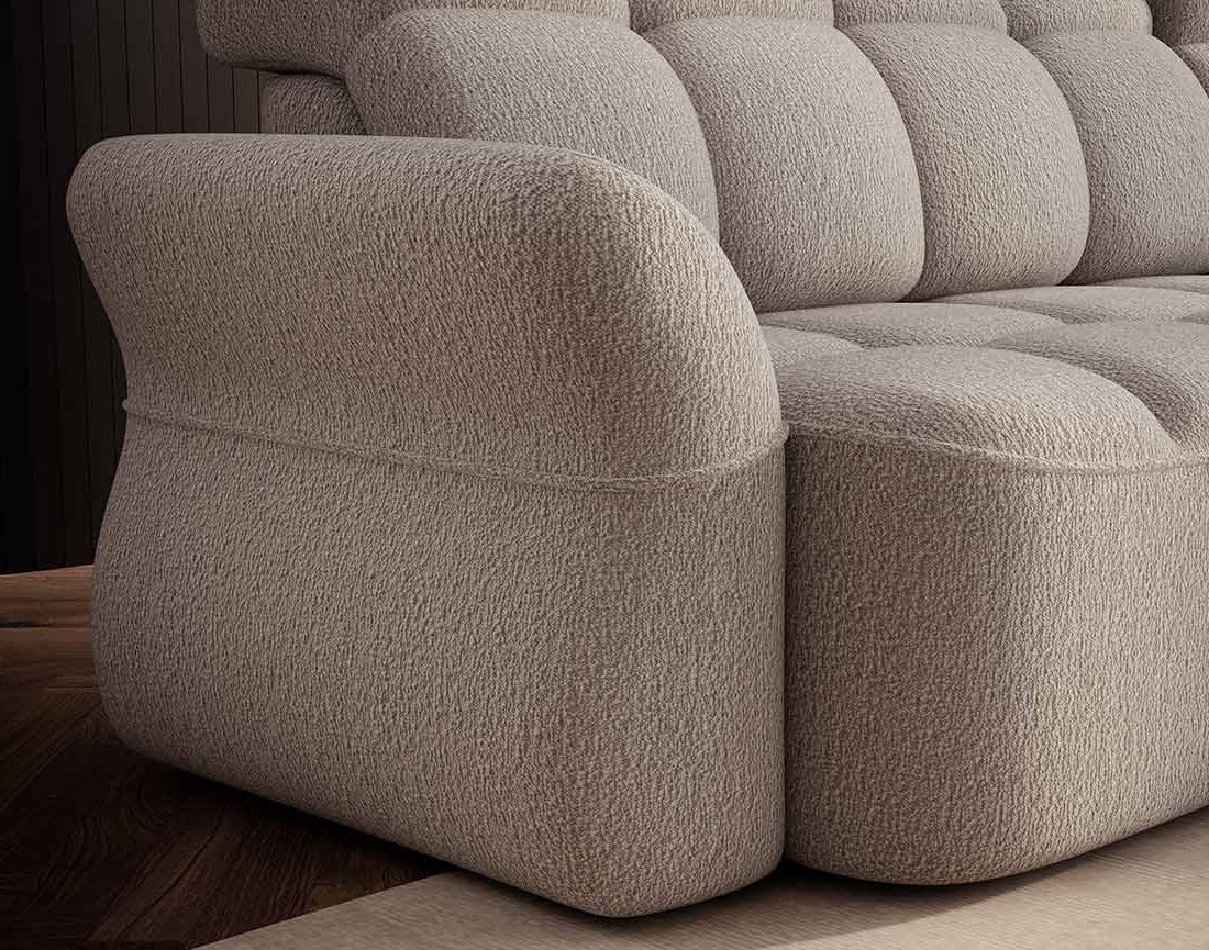 Canapé d'angle droit 4 places convertible électrique avec coffre et têtières réglables en tissu bouclette Brume