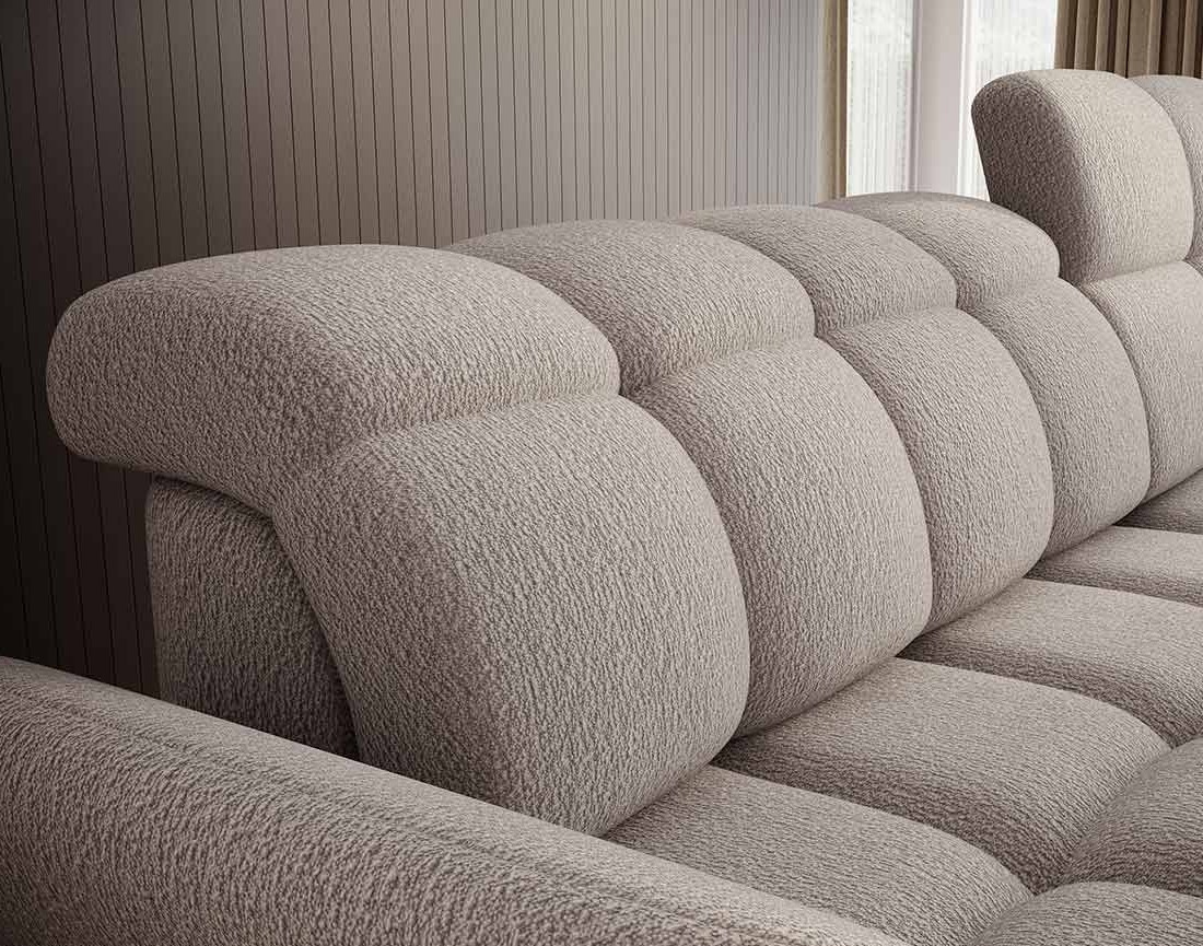 Canapé d'angle droit 4 places convertible électrique avec coffre et têtières réglables en tissu bouclette Brume