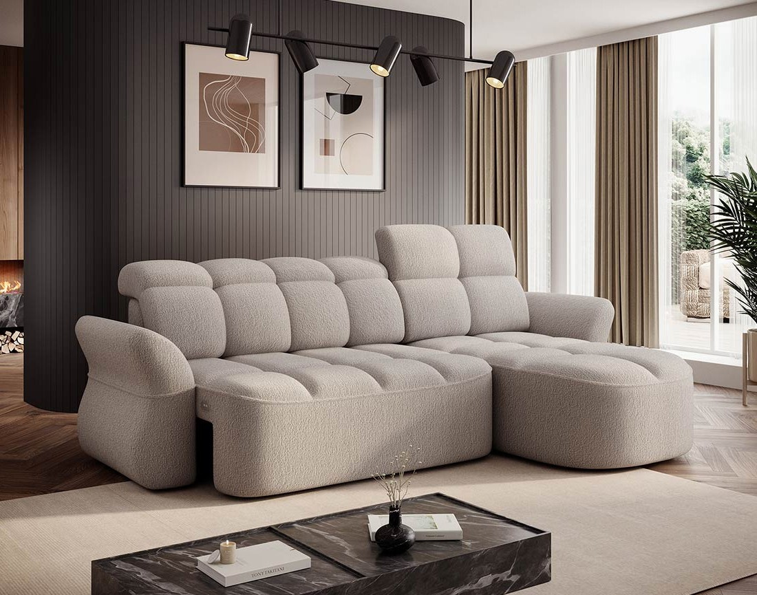 Canapé d'angle droit 4 places convertible électrique avec coffre et têtières réglables en tissu bouclette Brume