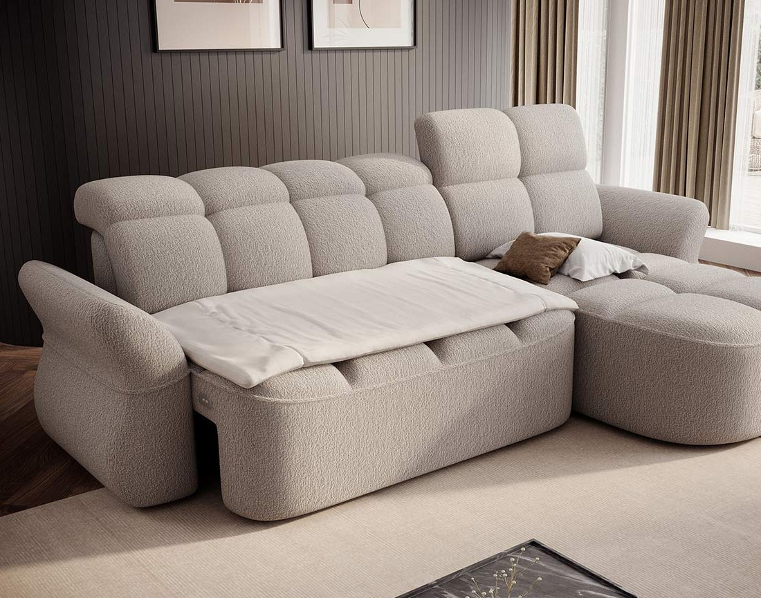 Canapé d'angle droit 4 places convertible électrique avec coffre et têtières réglables en tissu bouclette Brume