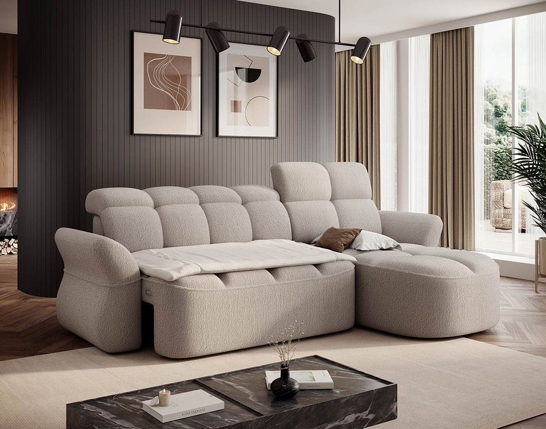 Canapé d'angle droit 4 places convertible électrique avec coffre et têtières réglables en tissu bouclette Brume