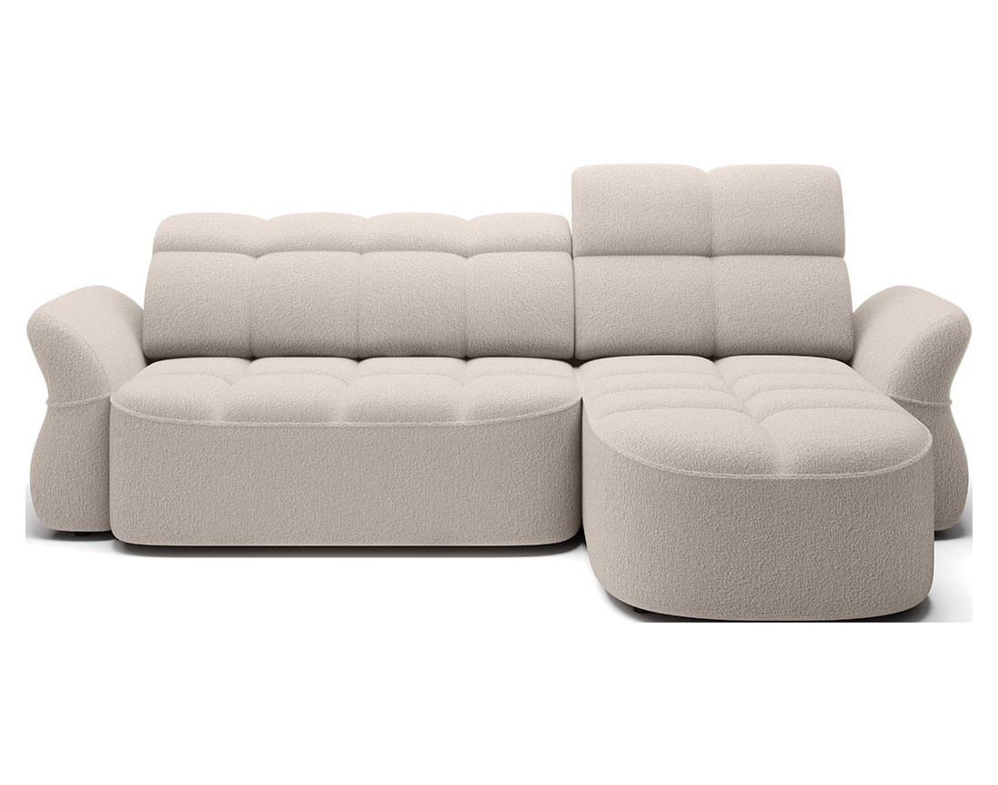 Canapé d'angle droit 4 places convertible électrique avec coffre et têtières réglables en tissu bouclette Brume