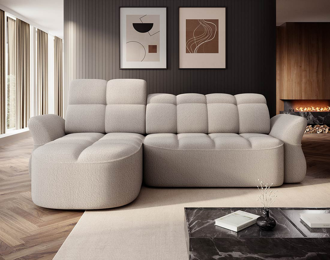 Canapé d'angle gauche 4 places convertible électrique avec coffre et têtières réglables en tissu bouclette Brume