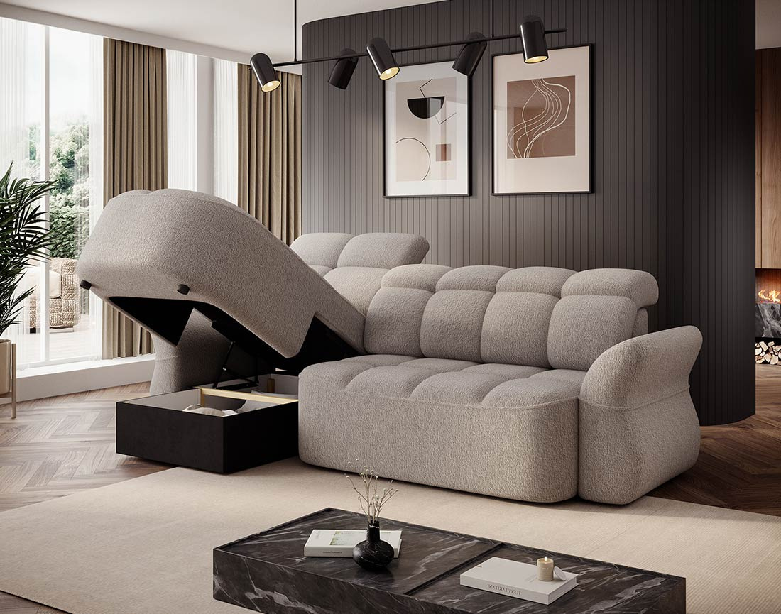 Canapé d'angle gauche 4 places convertible électrique avec coffre et têtières réglables en tissu bouclette Brume