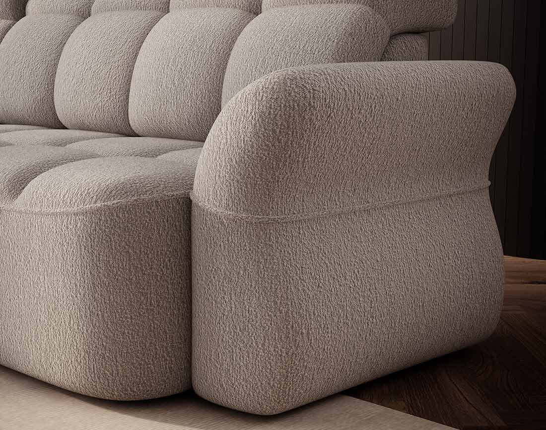 Canapé d'angle gauche 4 places convertible électrique avec coffre et têtières réglables en tissu bouclette Brume