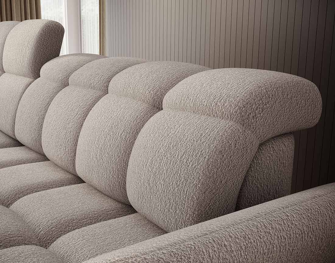 Canapé d'angle gauche 4 places convertible électrique avec coffre et têtières réglables en tissu bouclette Brume