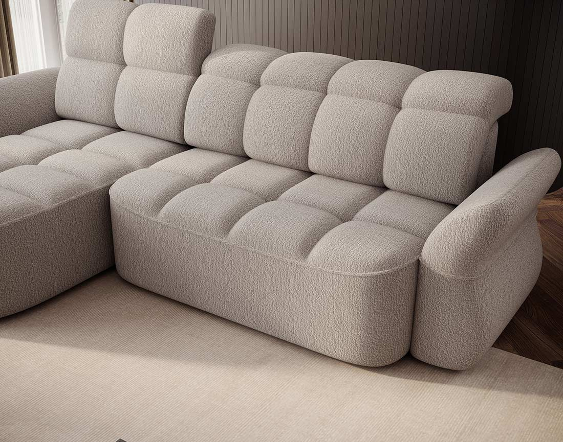 Canapé d'angle gauche 4 places convertible électrique avec coffre et têtières réglables en tissu bouclette Brume