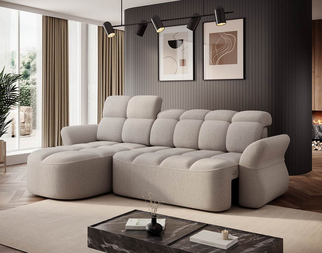 Canapé d'angle gauche 4 places convertible électrique avec coffre et têtières réglables en tissu bouclette Brume