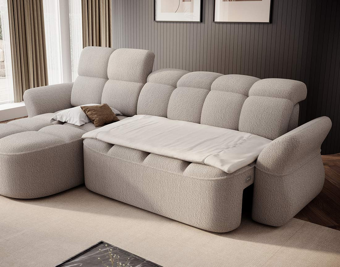 Canapé d'angle gauche 4 places convertible électrique avec coffre et têtières réglables en tissu bouclette Brume