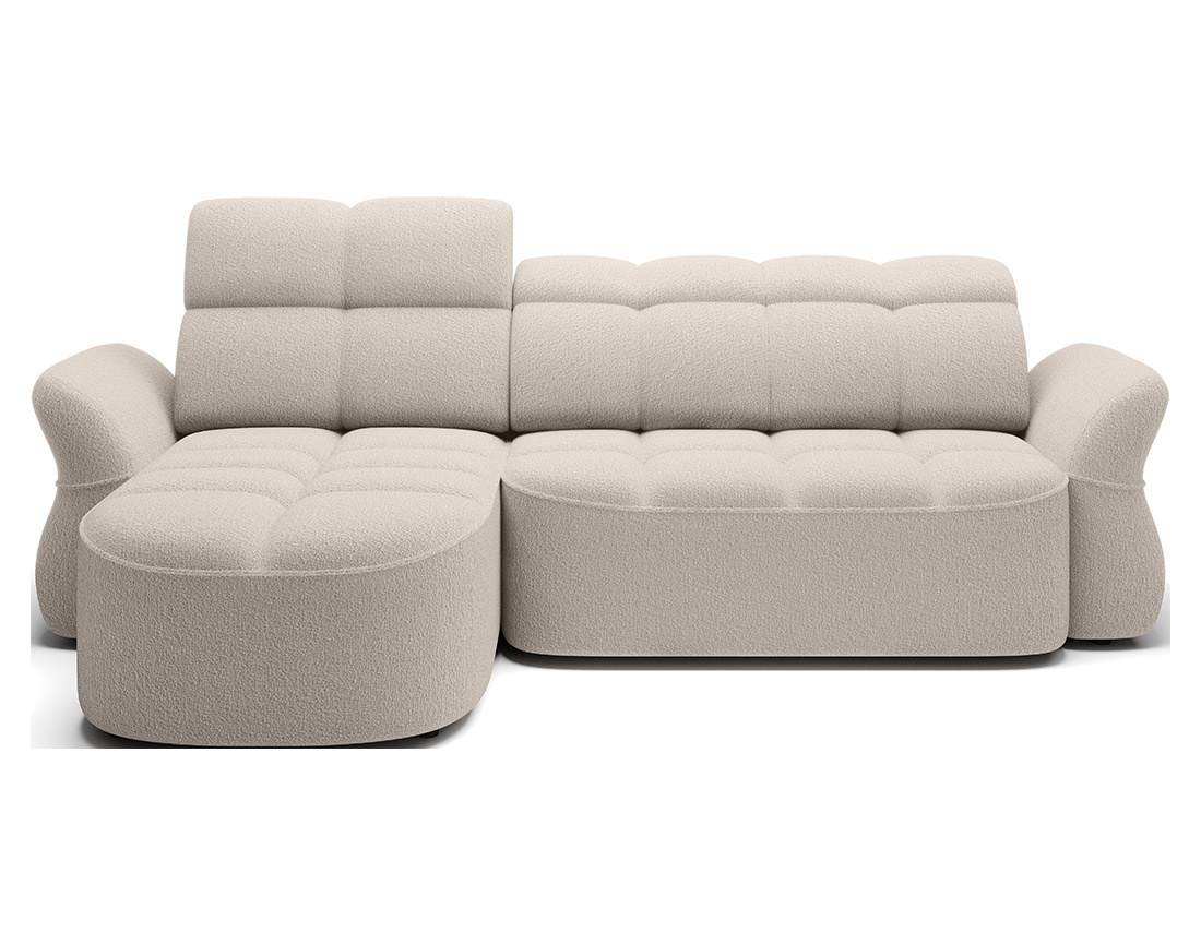 Canapé d'angle gauche 4 places convertible électrique avec coffre et têtières réglables en tissu bouclette Brume