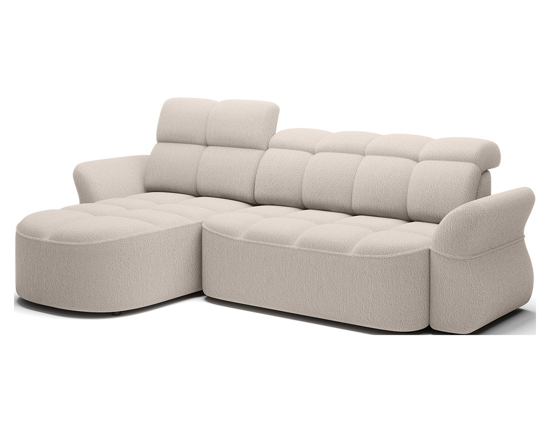 Canapé d'angle gauche 4 places convertible électrique avec coffre et têtières réglables en tissu bouclette Brume
