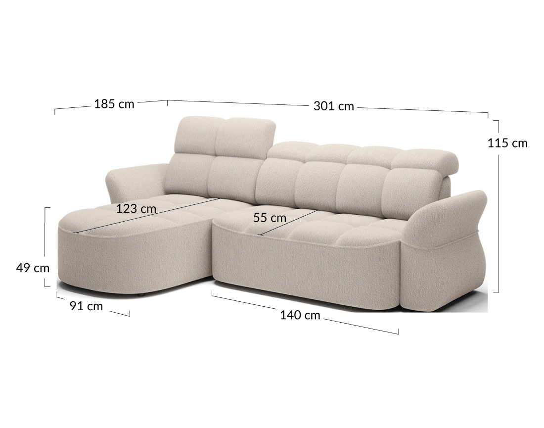 Canapé d'angle gauche 4 places convertible électrique avec coffre et têtières réglables en tissu bouclette Brume