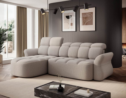 Canapé d'angle gauche 4 places convertible électrique avec coffre et têtières réglables en tissu bouclette Brume