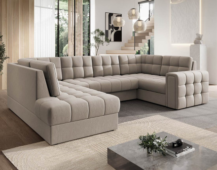 Canapé panoramique d'angle droit 7 places convertible avec coffre en velours Nappa