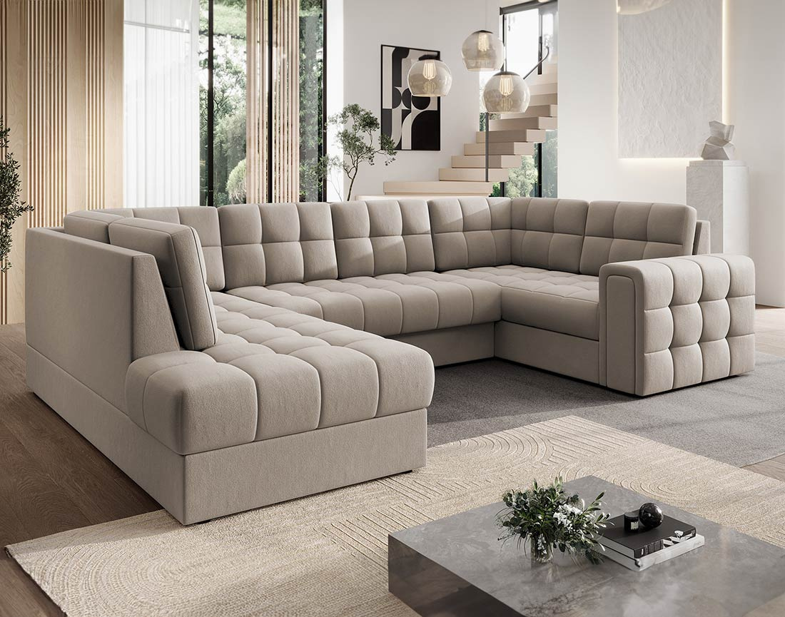 Canapé panoramique d'angle droit 7 places convertible avec coffre en velours Nappa