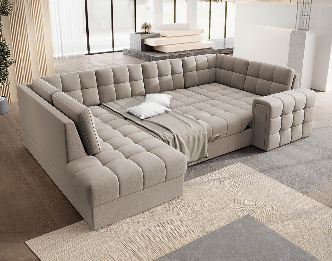 Canapé panoramique d'angle droit 7 places convertible avec coffre en velours Nappa