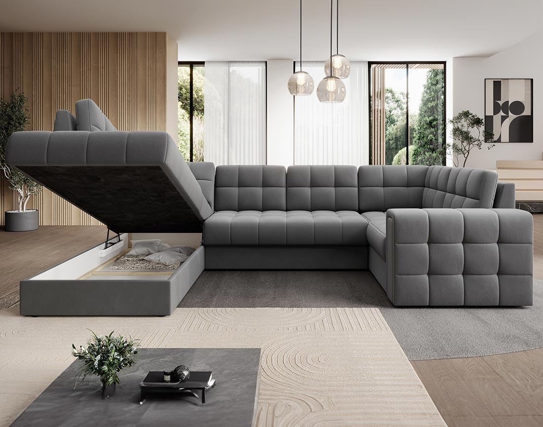 Canapé panoramique d'angle droit 7 places convertible avec coffre en velours Nappa