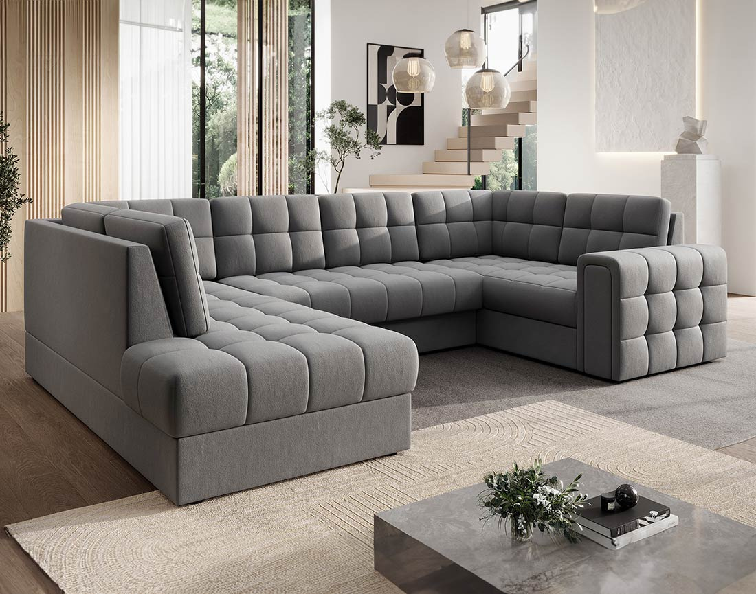 Canapé panoramique d'angle droit 7 places convertible avec coffre en velours Nappa