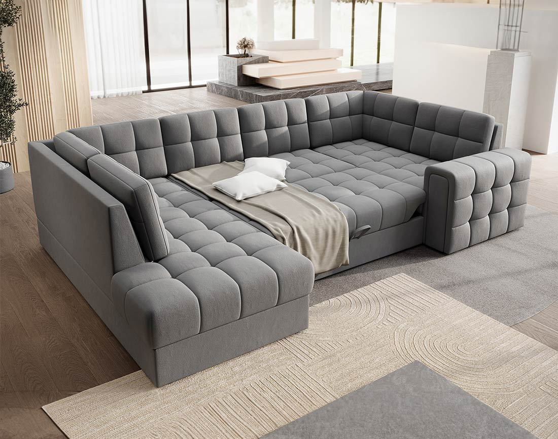 Canapé panoramique d'angle droit 7 places convertible avec coffre en velours Nappa