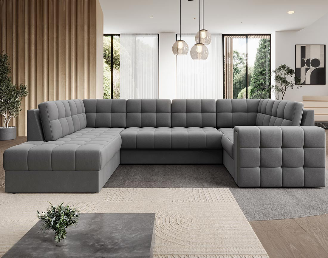 Canapé panoramique d'angle droit 7 places convertible avec coffre en velours Nappa