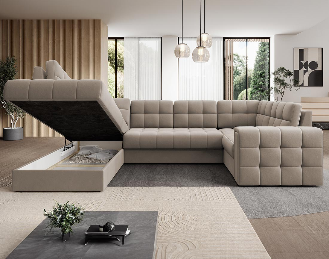 Canapé panoramique d'angle droit 7 places convertible avec coffre en velours Nappa