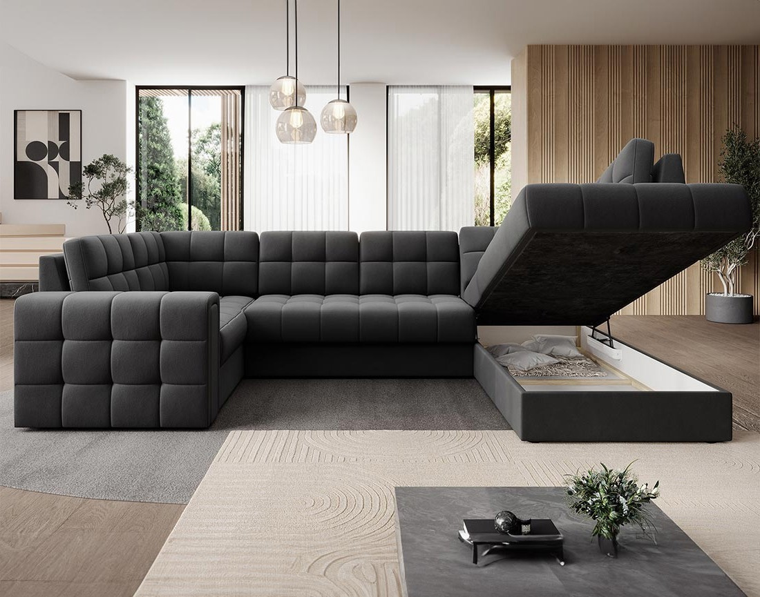 Canapé panoramique d'angle gauche 7 places convertible avec coffre en velours Nappa
