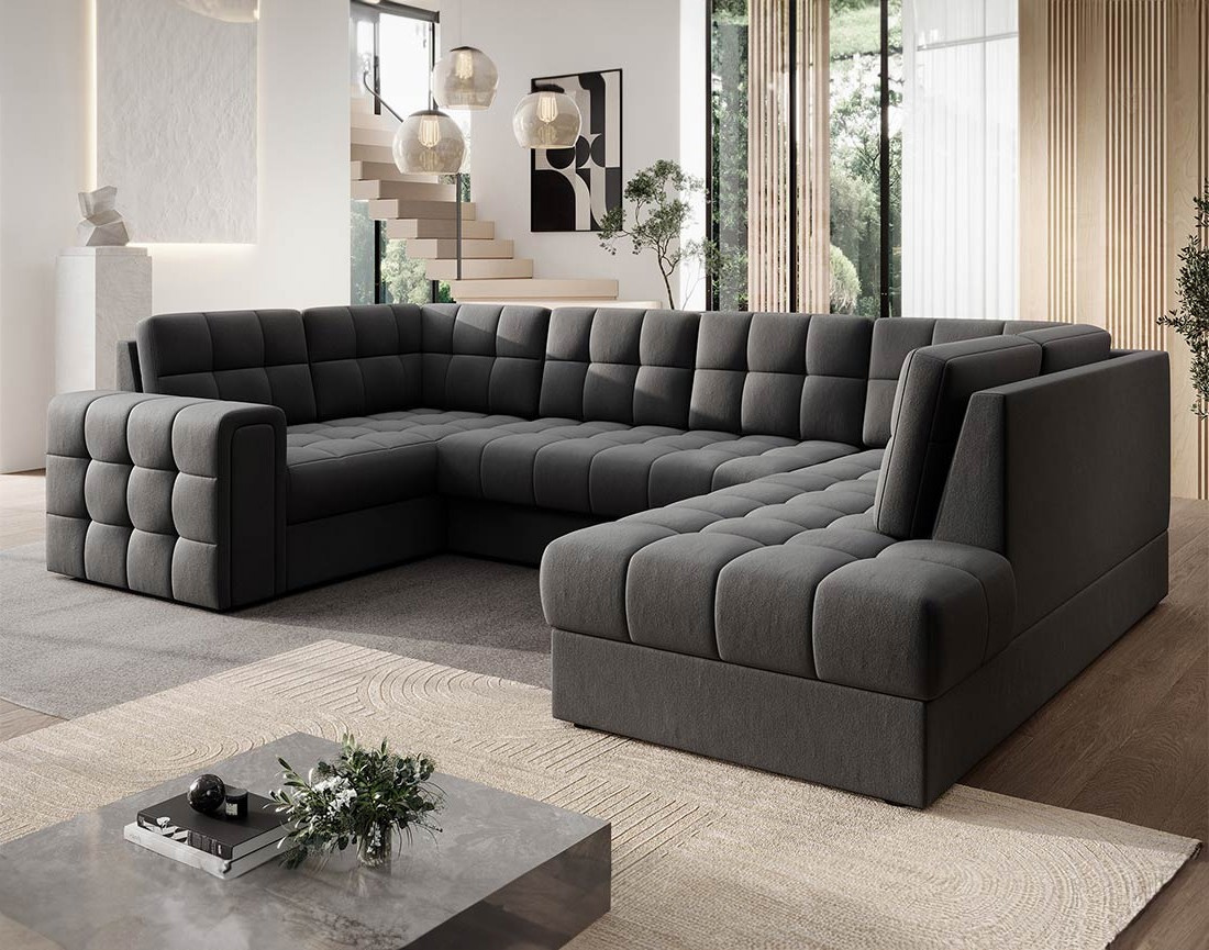 Canapé panoramique d'angle gauche 7 places convertible avec coffre en velours Nappa