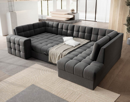 Canapé panoramique d'angle gauche 7 places convertible avec coffre en velours Nappa