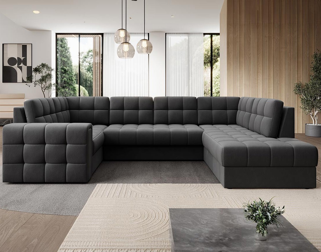 Canapé panoramique d'angle gauche 7 places convertible avec coffre en velours Nappa