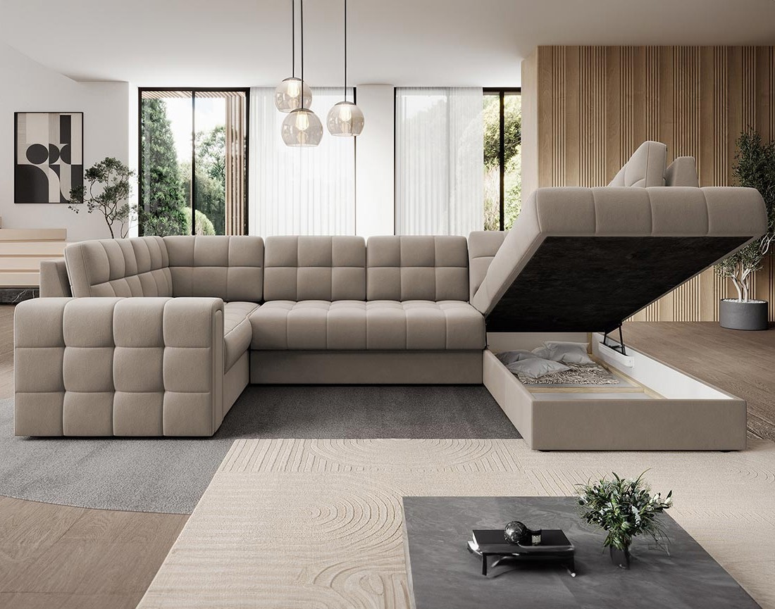 Canapé panoramique d'angle gauche 7 places convertible avec coffre en velours Nappa