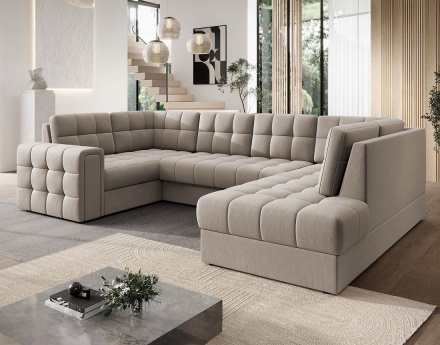 Canapé panoramique d'angle gauche 7 places convertible avec coffre en velours Nappa