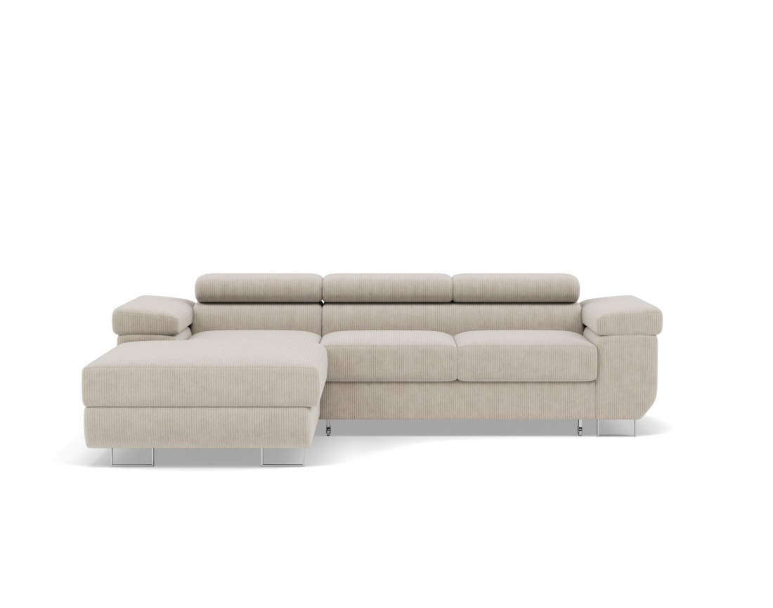 Canapé d'angle gauche 6 places convertible avec coffre et têtières réglables en velours côtelé Pablo