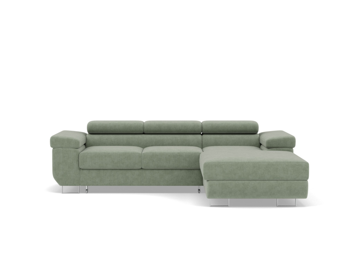 Canapé d'angle droit 6 places convertible avec coffre et têtières réglables en velours côtelé Pablo