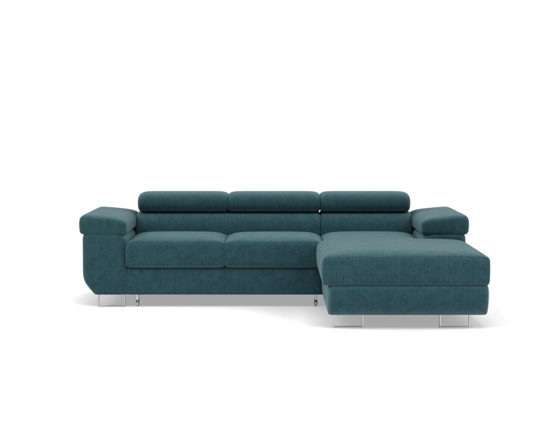 Canapé d'angle droit 6 places convertible avec coffre et têtières réglables en velours côtelé Pablo