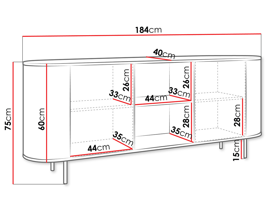 Buffet bas 184 cm 2 portes, 2 niches et 2 étagères plateau effet marbre Sansa