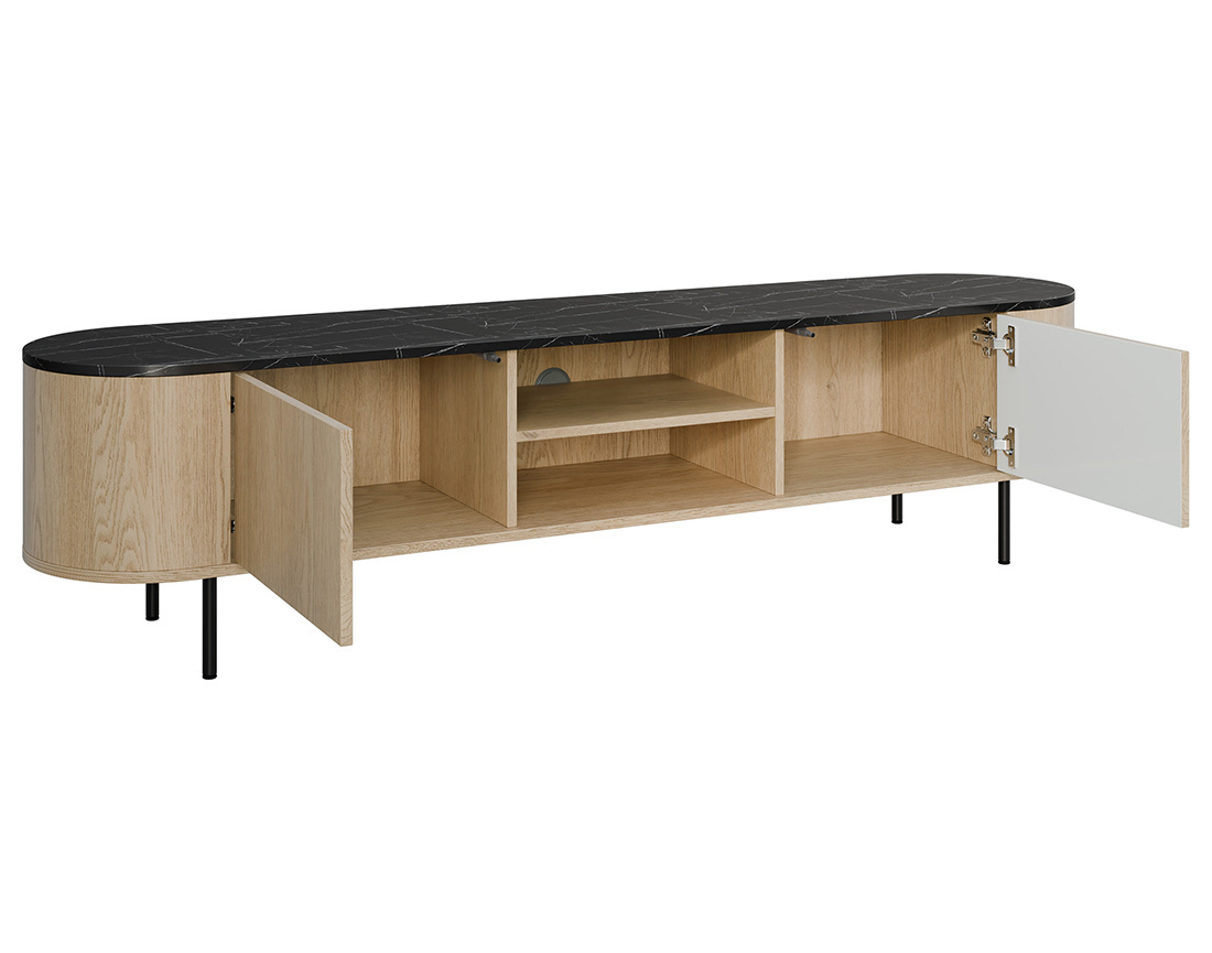 Meuble tv 184 cm 2 portes et 2 niches plateau effet marbre Sansa
