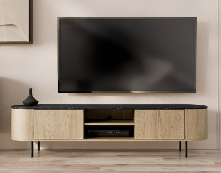 Meuble tv 184 cm 2 portes et 2 niches plateau effet marbre Sansa