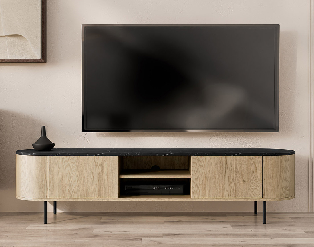 Meuble tv 184 cm 2 portes et 2 niches plateau effet marbre Sansa