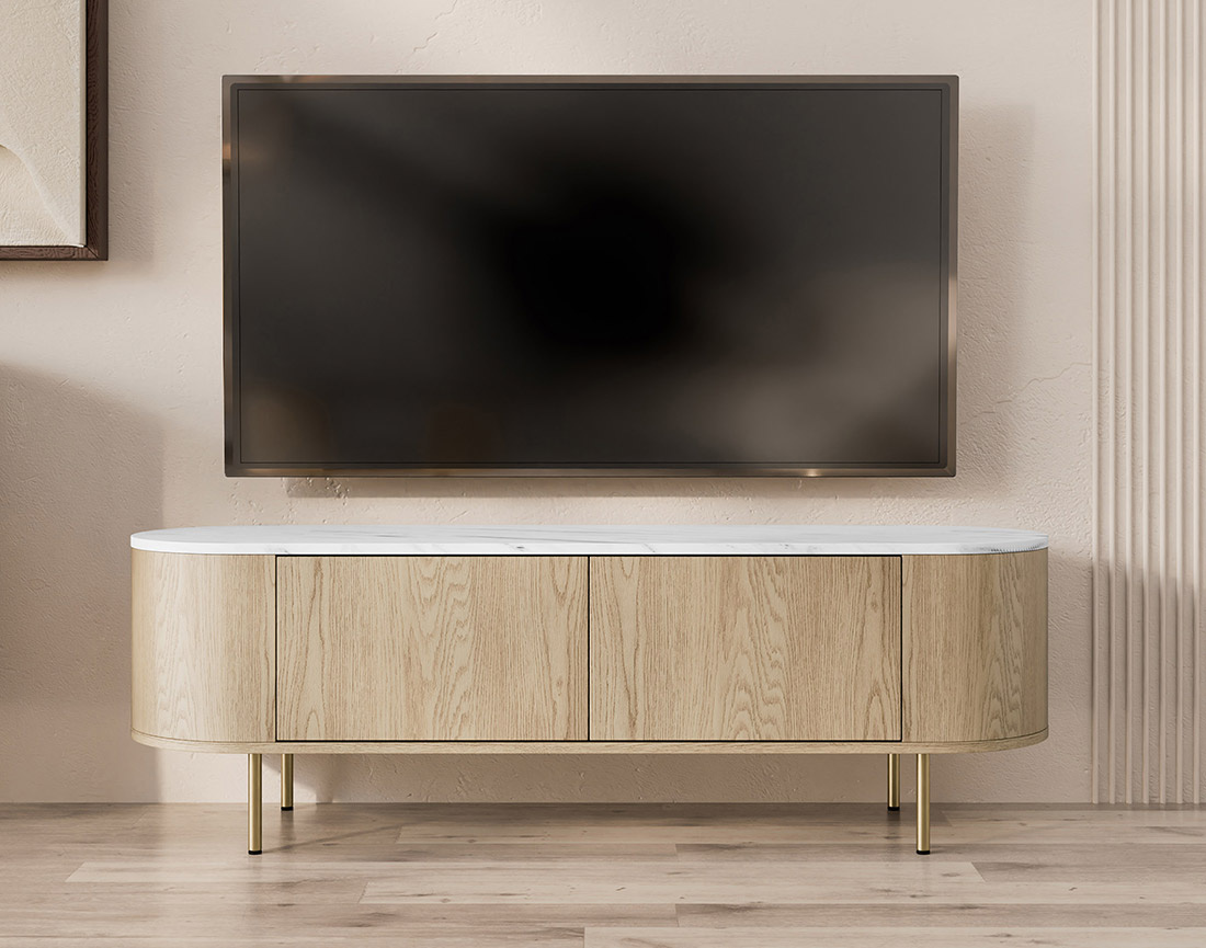 Meuble tv 139 cm 2 portes plateau effet marbre Sansa