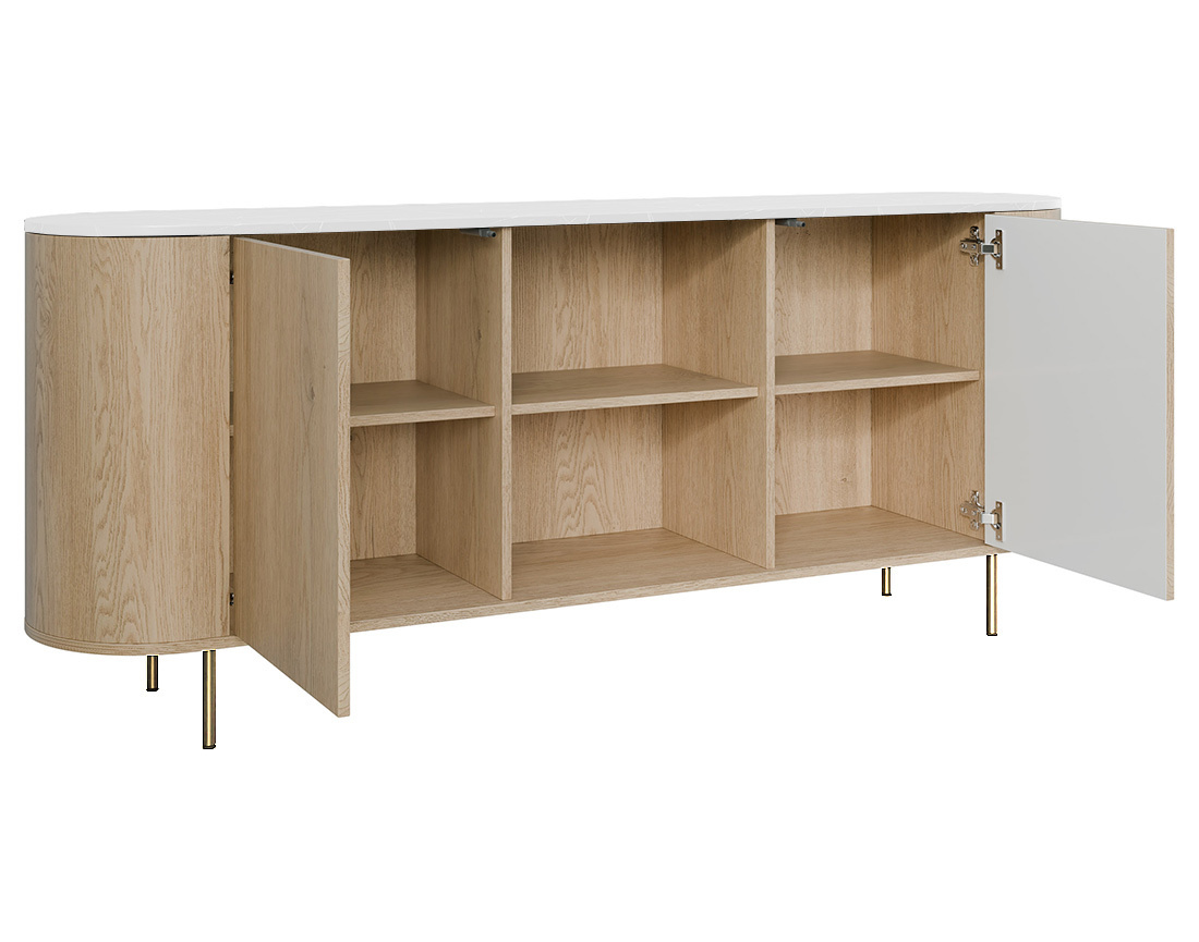 Buffet bas 184 cm 2 portes, 2 niches et 2 étagères plateau effet marbre Sansa