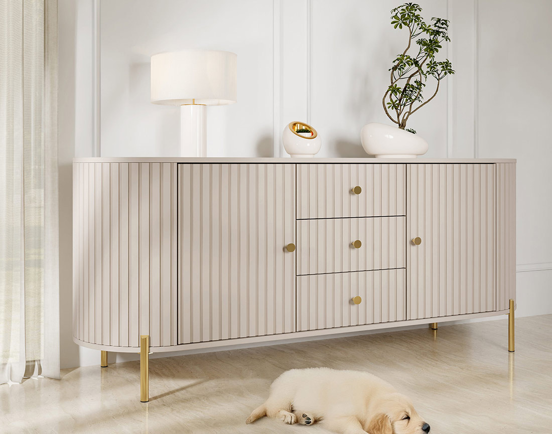 Buffet bas 178 cm 3 tiroirs, 2 portes et 2 étagères Jaime