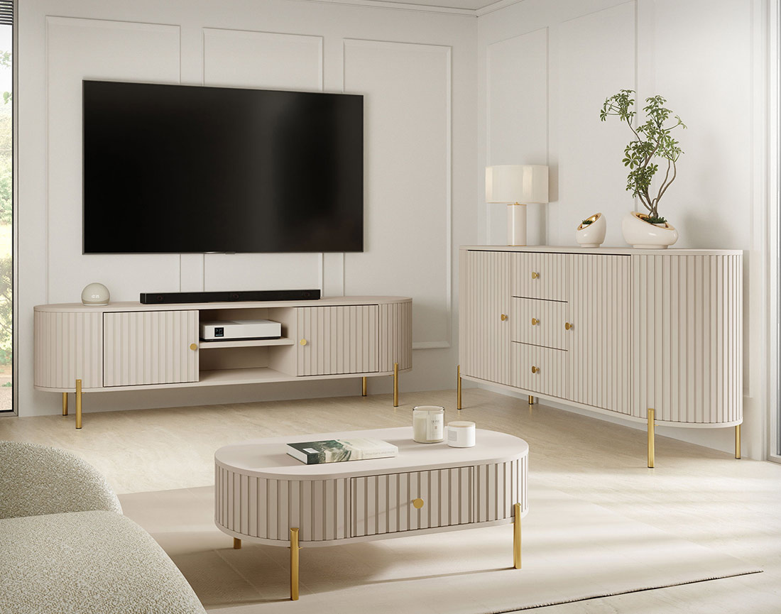 Buffet bas 178 cm 3 tiroirs, 2 portes et 2 étagères Jaime