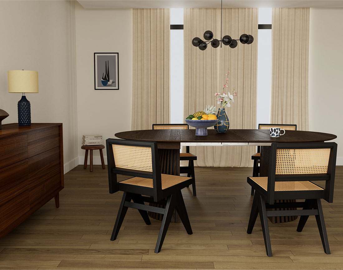 Table à manger ronde extensible bois foncé 4 à 8 personnes Freya