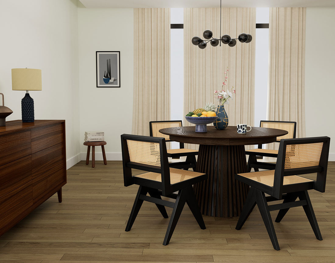 Table à manger ronde extensible bois foncé 4 à 8 personnes Freya