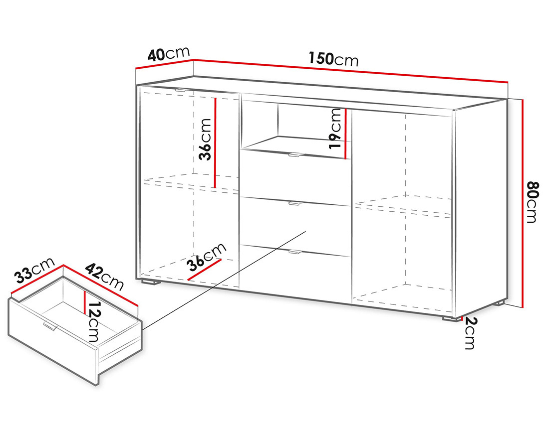 Buffet bas 150 cm 2 portes, 3 tiroirs et 1 niche Judy