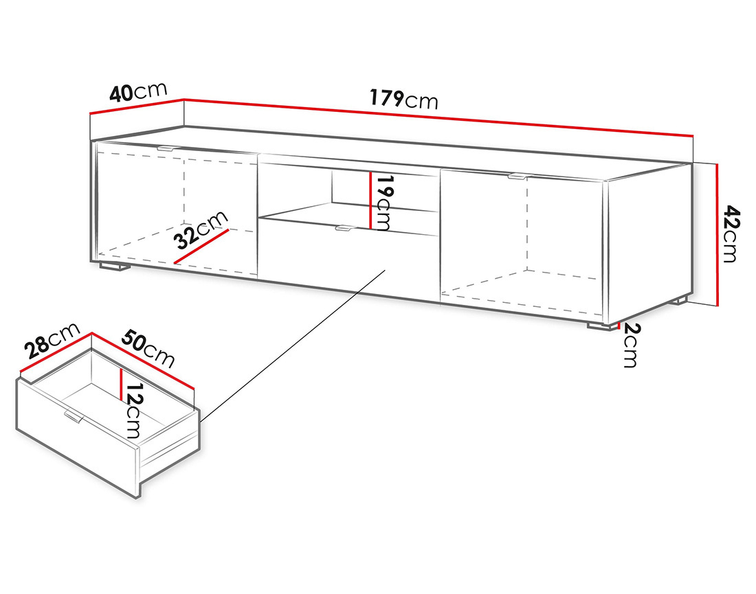 Meuble tv 179 cm 2 portes, 1 tiroir et 1 niche Judy