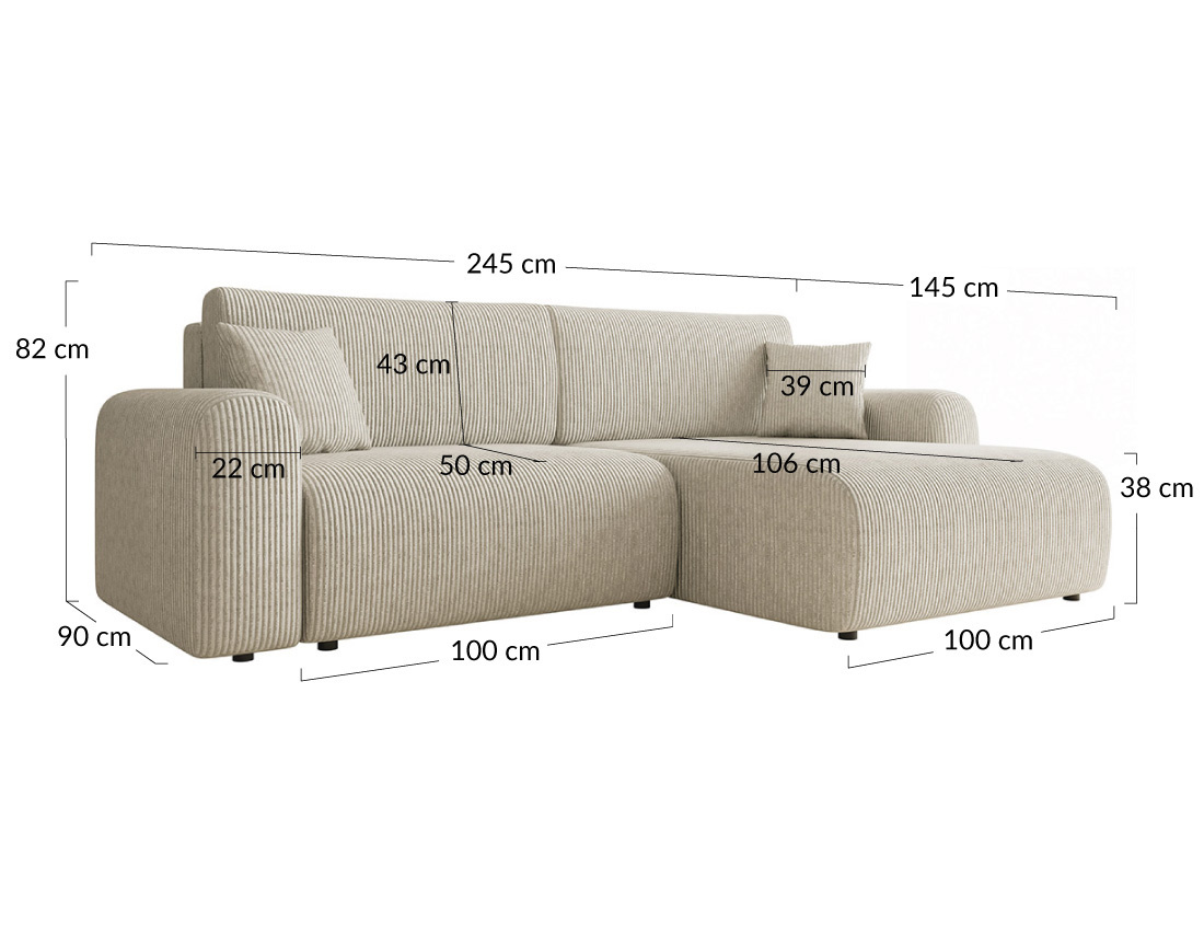 Canapé d'angle réversible 4 places convertible avec coffre en velours côtelé Naomi