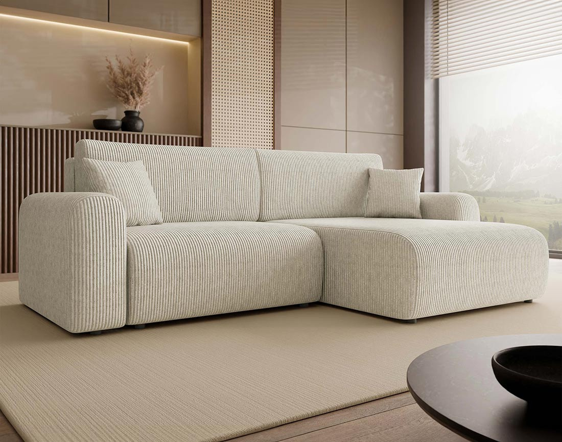 Canapé d'angle réversible 4 places convertible avec coffre en velours côtelé Naomi